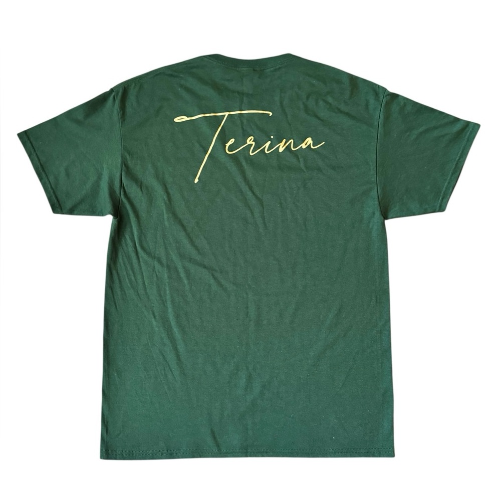 🔵 3/ $15 - Green Short Sleeve T-Shirt Terina on front & back in gold Size Large - Picture 3 of 5